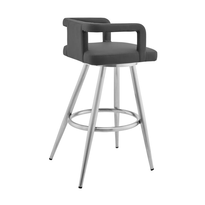 Gabriele Gray Faux Leather and Metal Swivel Bar Height Barstool with Arms