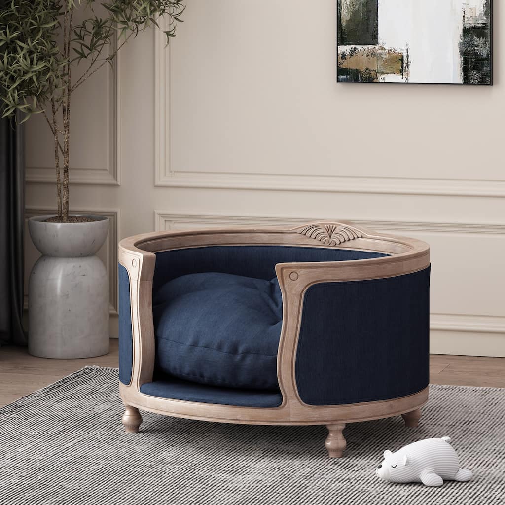 Roomfitters Luxury Vintage Pet Bed, Circular Wooden Dog Bed with Hand-Carved Details and Plush Upholstered Cushion, Navy Blue