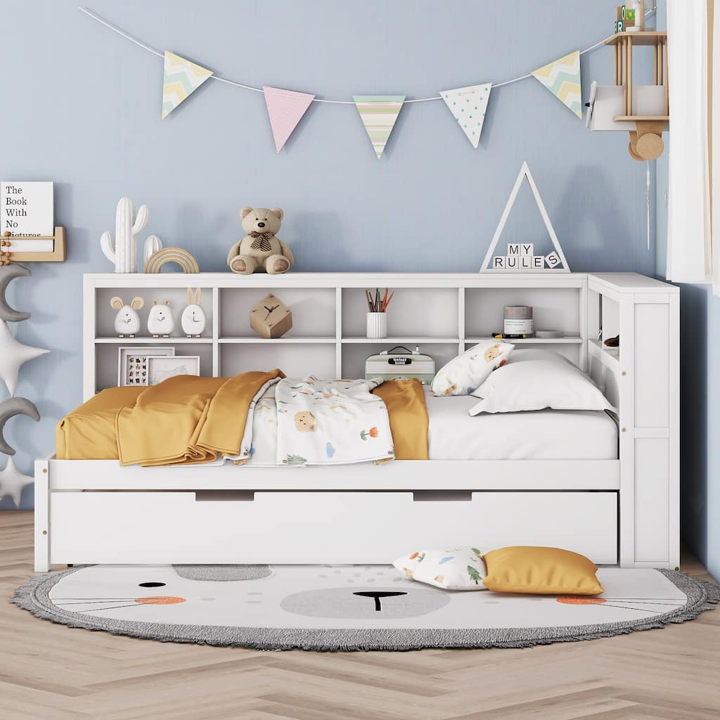 White Wooden Full Size Daybed with Twin Trundle & Storage Shelf