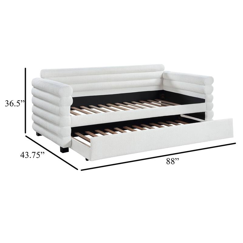 Ricia Twin Daybed with Trundle, Layered Bolster Design, White Boucle