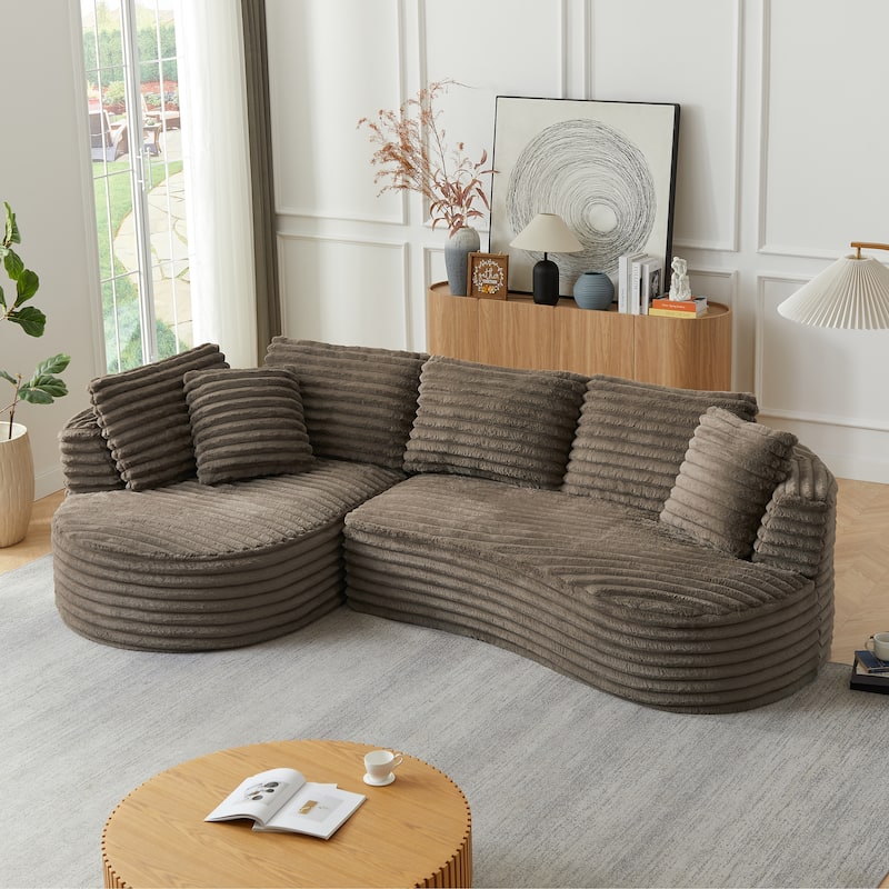 Compressible Corduroy Curved Sectional Sofa with Chaise and Pillows