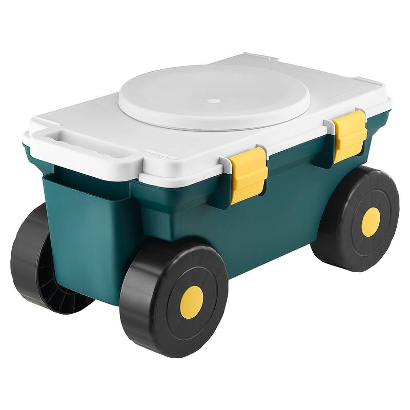 Grey and Green Plastic Rolling Garden Cart with 360 Seat and Storage Compartment - 20.47×12.20×11.02 inches