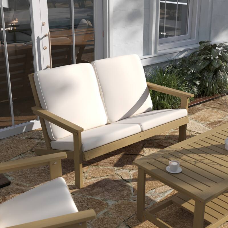 All-Weather Poly Resin Adirondack Loveseat & Cushions - Natural Cedar/Cream