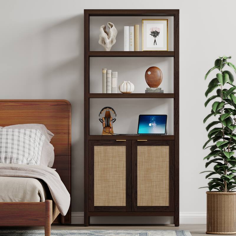 SICOTAS 5 Tier Adjustable Bookshelf with Rattan Storage Cabinet