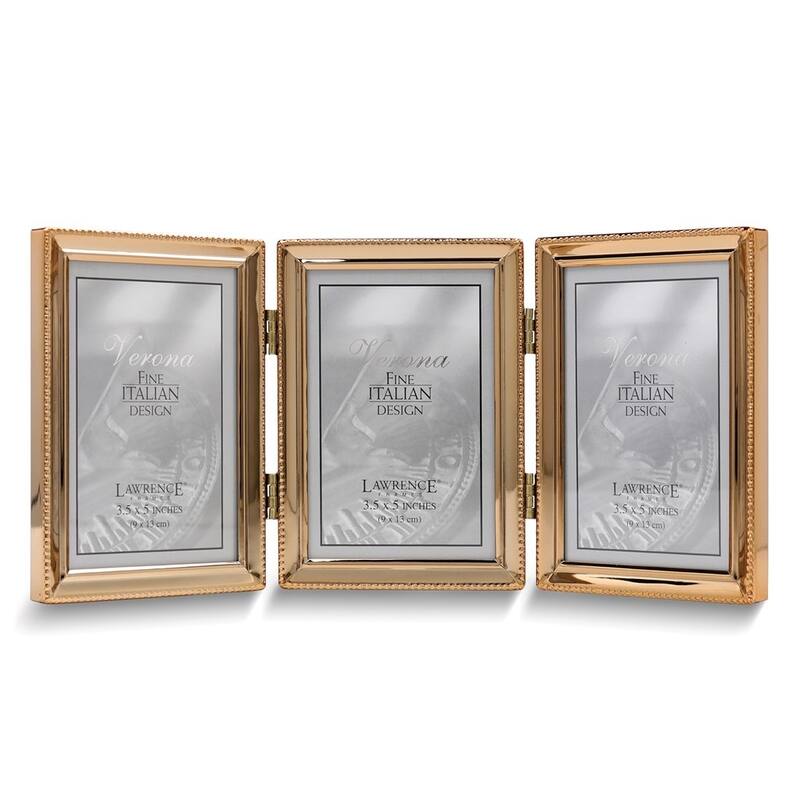 Curata Gold-Tone Portrait Hinged Polished Beaded 3x5 Triple Photo Frame