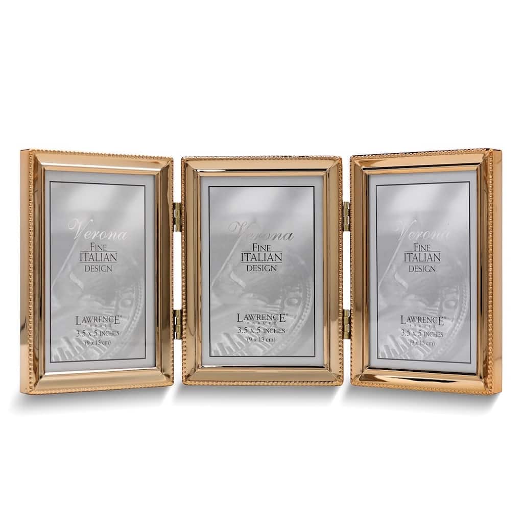 Curata Gold-Tone Portrait Hinged Polished Beaded 3x5 Triple Photo Frame