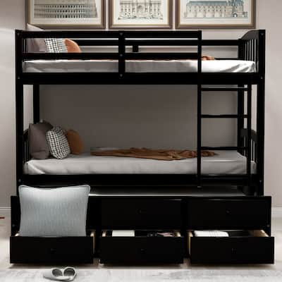 Twin Over Twin Bunk Bed with Ladder and Safety Rail, Twin Trundle Bed with 3 Drawers for Teens Bedroom, Guest Room Furniture