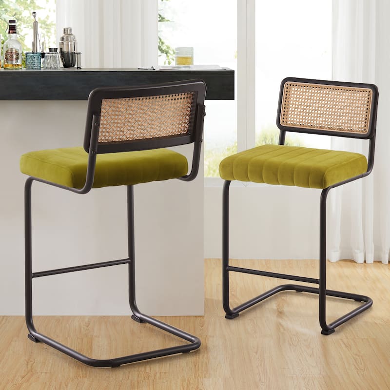 Velvet Upholstered Rattan Counter/Bar Stools, Set of 2/3