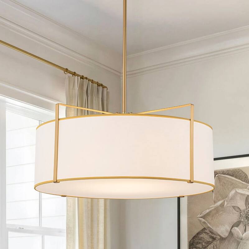 Mid-Century 4-Light White Fabric Drum Lantern Chandelier Ambient Light - Brass