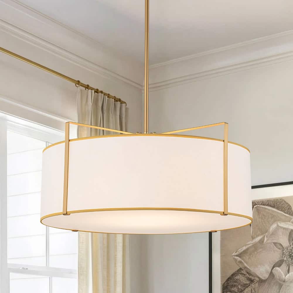 Mid-Century 4-Light White Fabric Drum Lantern Chandelier Ambient Light