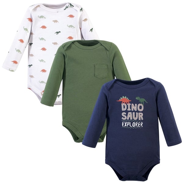 slide 1 of 1, Hudson Baby Infant Boy Cotton Long-Sleeve Bodysuits 3pk, Dinosaur Explorer 0-3 Months - Dinosaur Explorer 3-Pack