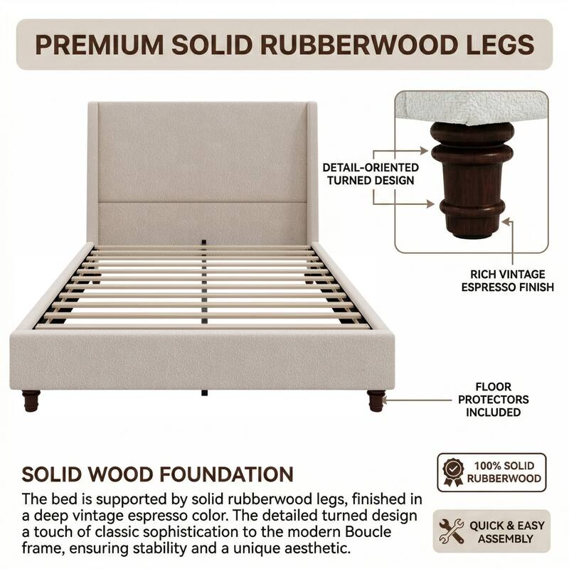 Christopher Knight Home - Modern 52.7" Tall Wingback Boucle Upholstered Platform Bed Frame with Solid Wood Legs & Slat Support