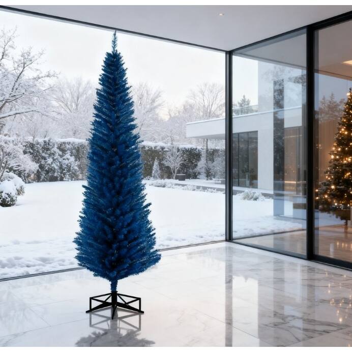 7 Foot Pencil Christmas Tree,Decorated Christmas Tree with Realistic Branch Tips and Plastic Stand - Blue