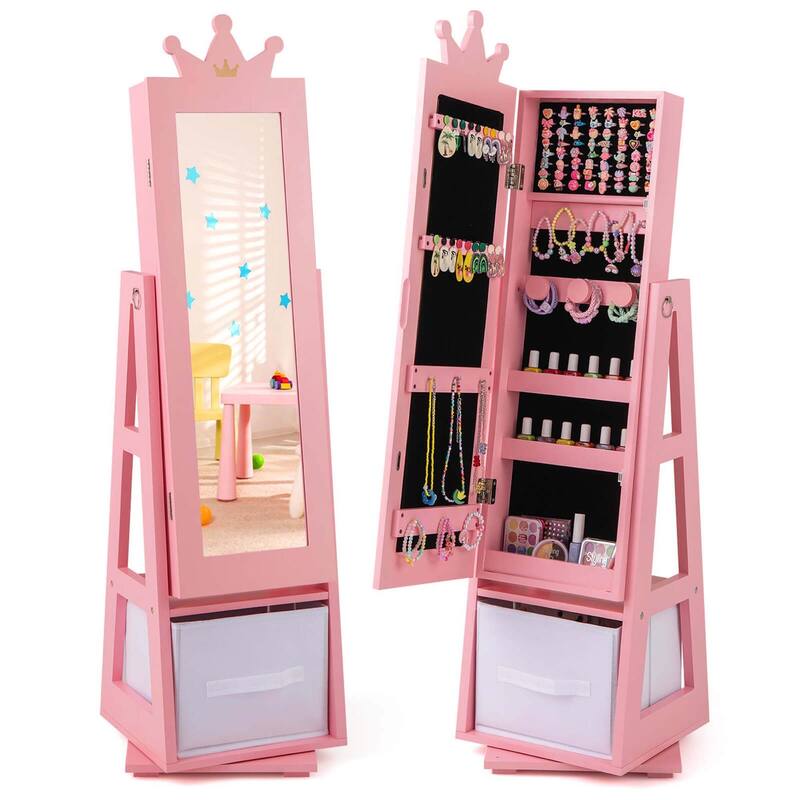 Swivel Kids Jewelry Cabinet Full Length Mirror Jewelry Armoire Shelf - Pink