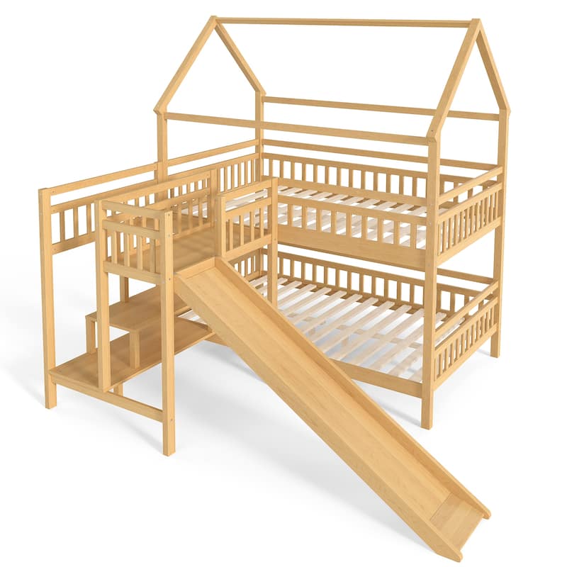 Full/Twin House-Shaped Bunk Bed with Slide & Storage Stairs, Playhouse Bed with Two Placement Methods