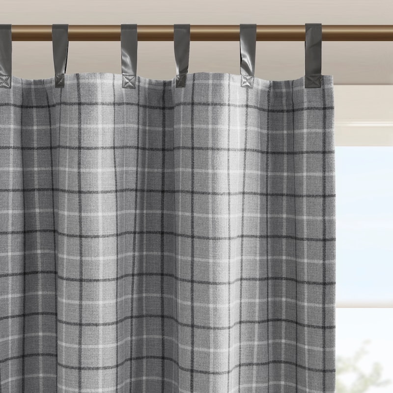 Madison Park Anaheim Plaid Faux Leather Tab Top Single Curtain Panel with Fleece Lining