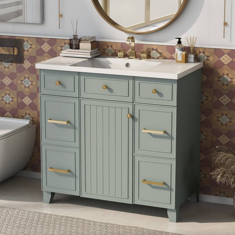 36" Black Bathroom Vanity Cabinet with Single Sink, Soft-Close Door, 3 Drawers, Waterproof Resin Sink