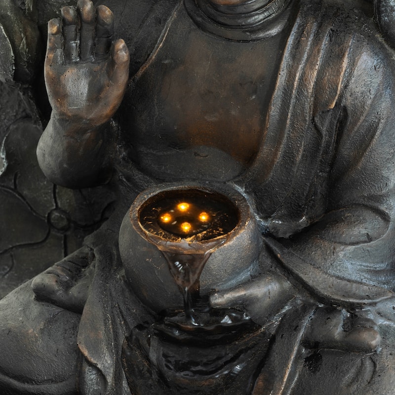 GDFStudio - Zen Fengshui 28" H Outdoor Freestanding Buddha Water Fountain with Calm Cascading Waterfall & LED Lights
