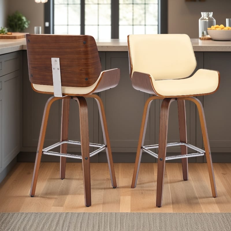 Tyler Mid-Century Swivel Bar Stool, Upholstered Counter Height Chair with Bentwood Legs - Cream & Walnut - Counter Height