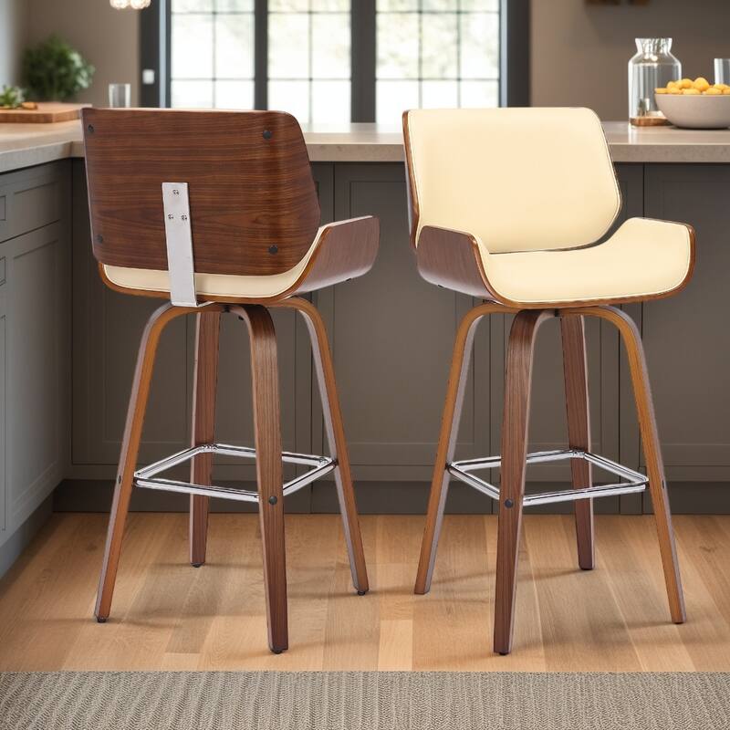 Tyler Mid-Century Swivel Bar Stool, Upholstered Counter Height Chair with Bentwood Legs - Set of 2 - Cream & Walnut - Counter Height
