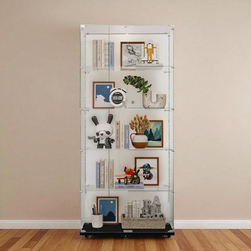 Tall Tempered Glass Storage Cabinet with Remote App LED Strip, Locking Door, Easy-Move Casters, Wine & File Display Case - Black