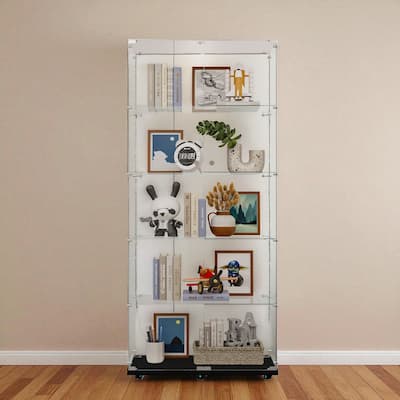 Tall Tempered Glass Storage Cabinet with Remote App LED Strip, Locking Door, Easy-Move Casters, Wine & File Display Case