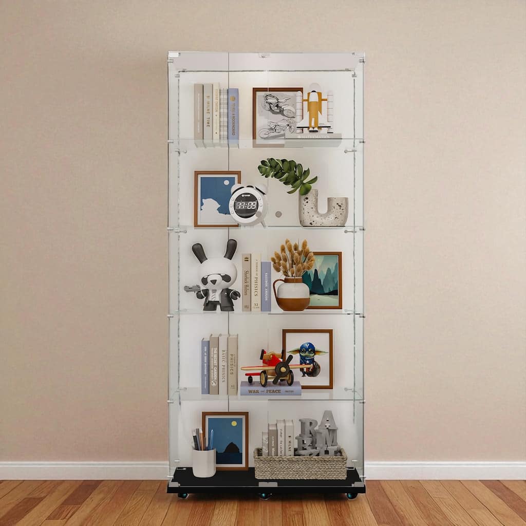 Tall Tempered Glass Storage Cabinet with Remote App LED Strip, Locking Door, Easy-Move Casters, Wine & File Display Case
