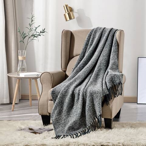 Wellco Reversible Soft Knitted Throw Blanket With Boho Tassels - 50" x 60", Solid Color, Grey