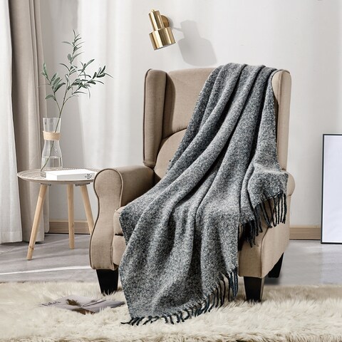 Wellco Reversible Soft Knitted Throw Blanket With Boho Tassels - 50" x 60", Solid Color, Grey