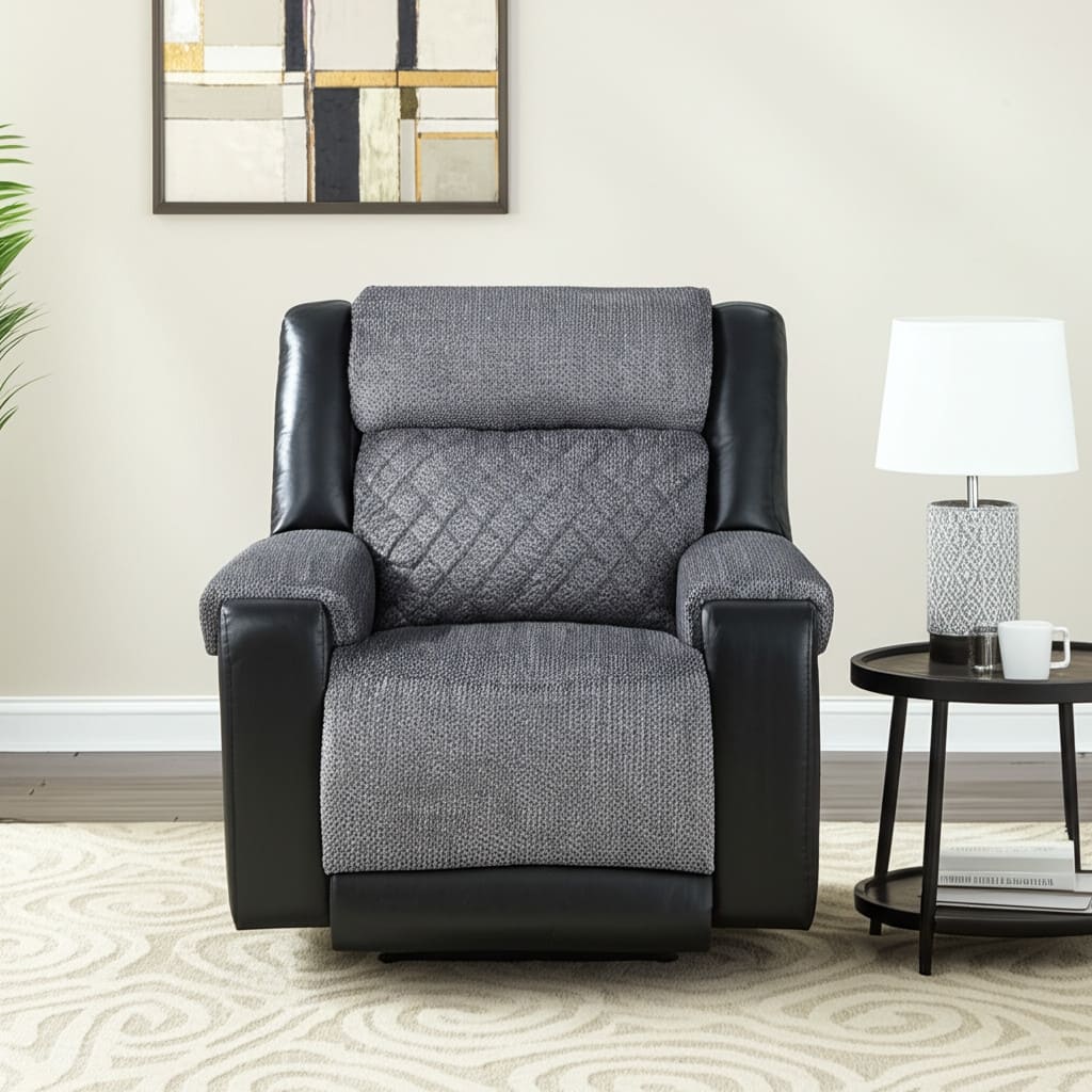 HomeRoots 39" Black And Gray Faux Leather And Fabric Manual Recliner