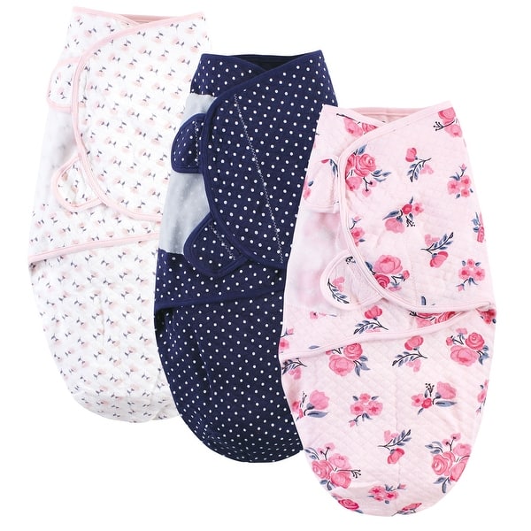 slide 1 of 1, Hudson Baby Infant Girl Quilted Cotton Swaddle Wrap 3pk, Pink Navy Floral, 0-3 Months - Pink Navy Floral - 0-3 Months 0-3 Months - Pink Navy Floral
