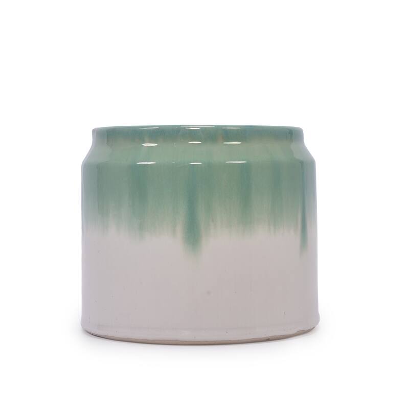 Handmade Ceramic Planter Set of 2, 8.5" & 6" Diameter, Green-White Ombre Glaze, for Aquatic Plants Indoor/Outdoor Shelf