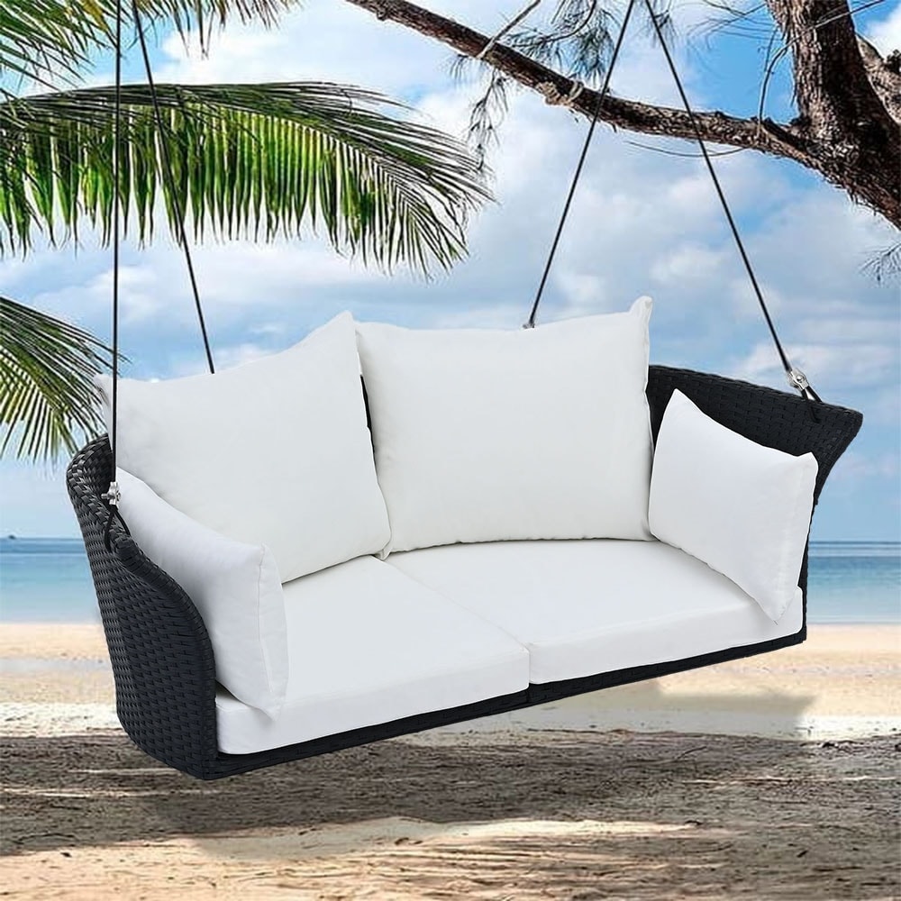 PE Wicker Porch Swing Chair Hanging Seat with Adjustable Rope