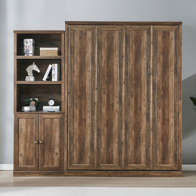 Half Self-Close and Open Murphy Bed with 2 Side Cabinet Storage Shelf - Brown-A cupboard - Queen
