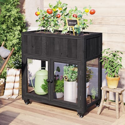 Roomfitters Patio 35.4"x17.7"x37.4" Mini Wood Cold Frame with Wheels and Raised Bed Liner