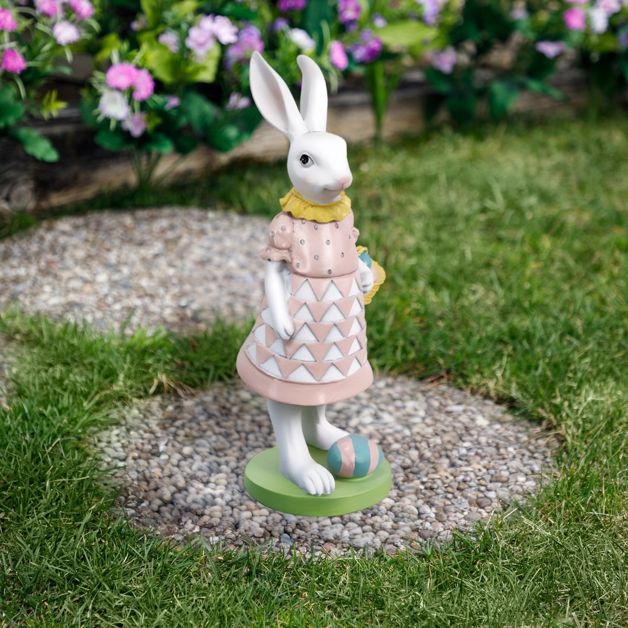 Girl Bunny with Easter Basket Outdoor Garden Statue - 12"