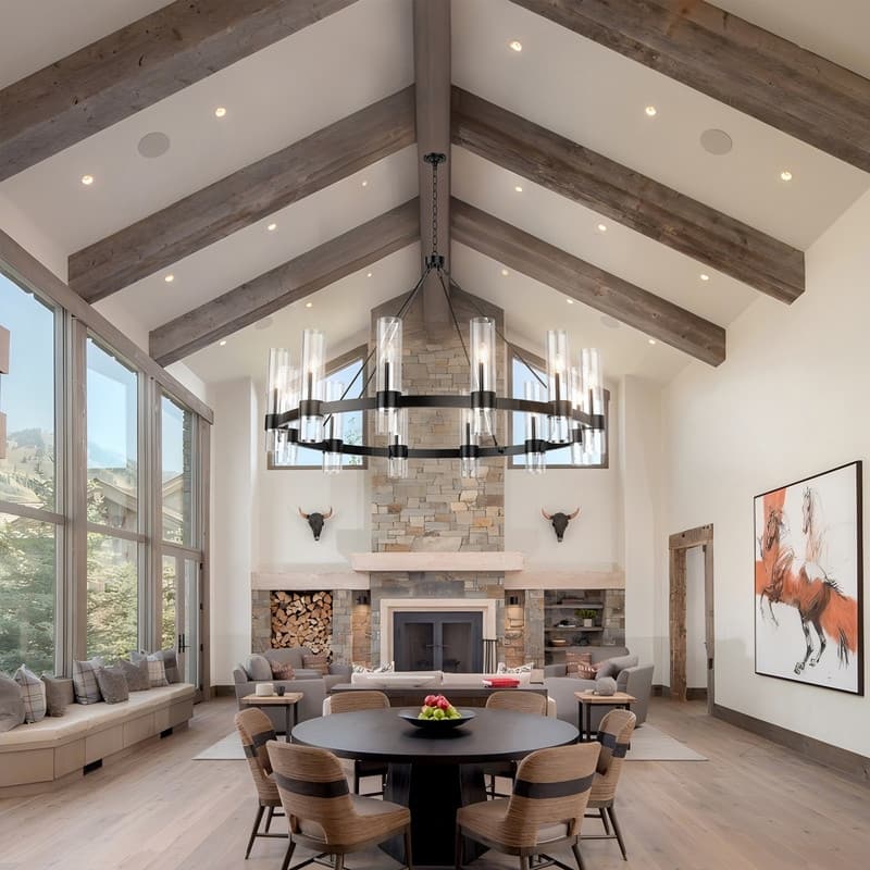 Modern Farmhouse Chandelier Black Wagon Wheel Chandelier with Clear Glass Shade