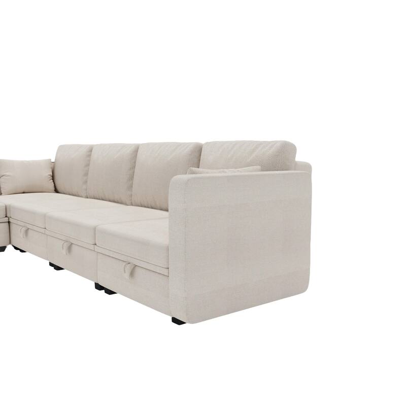 Linen Fabric U Shaped Modular Couch Set with Ottomans and Storage Seats