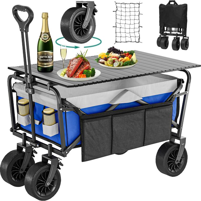 Portable Collapsible Garden Cart with Roll Table Plate, 2 Drink Holders, Side Storage Pocket