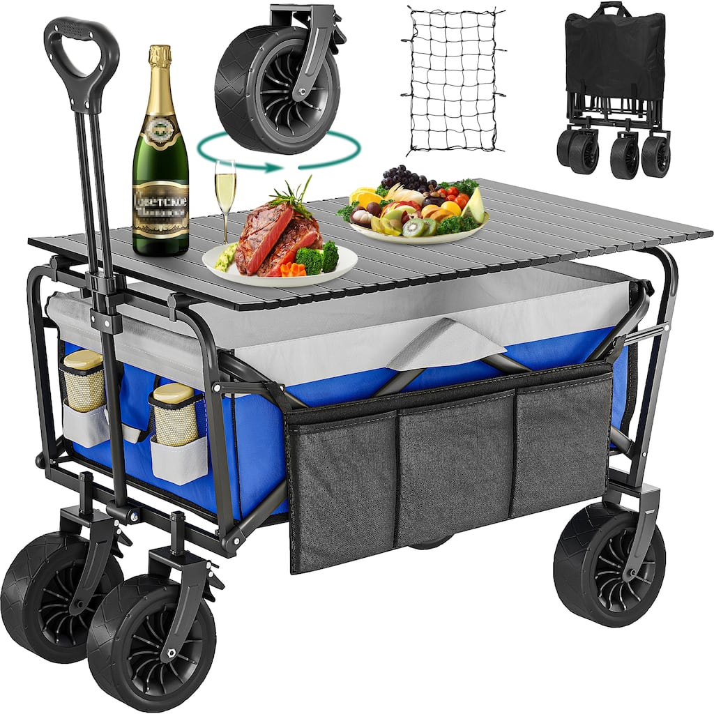 Portable Collapsible Garden Cart with Roll Table Plate, 2 Drink Holders, Side Storage Pocket