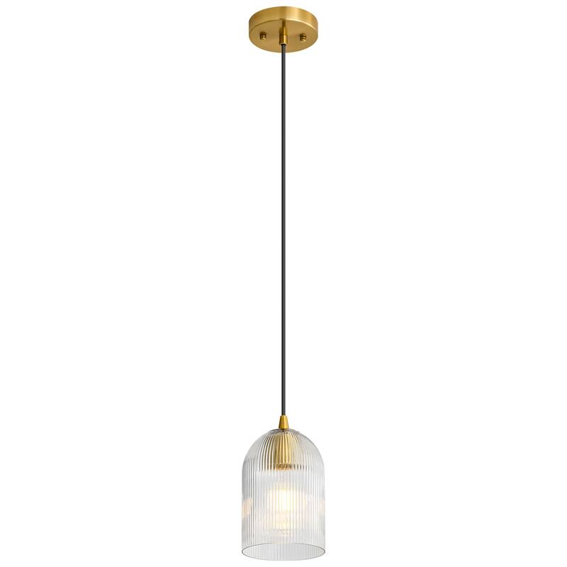 1-Light Modern Rustic Black/Gold Metal Island Pendant Light with Textured Grey/Clear Glass Bell Shade