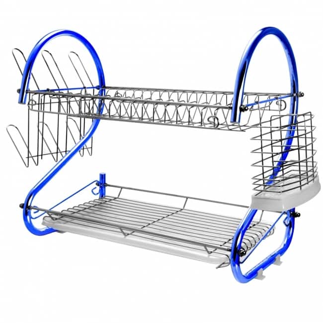 MegaChef 16 Inch Double Shelf Countertop Dish Drying Rack in Blue