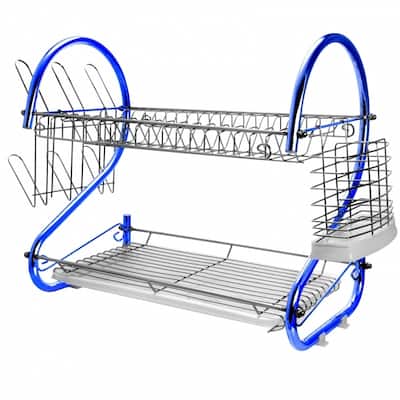 MegaChef 16 Inch Double Shelf Countertop Dish Drying Rack in Blue