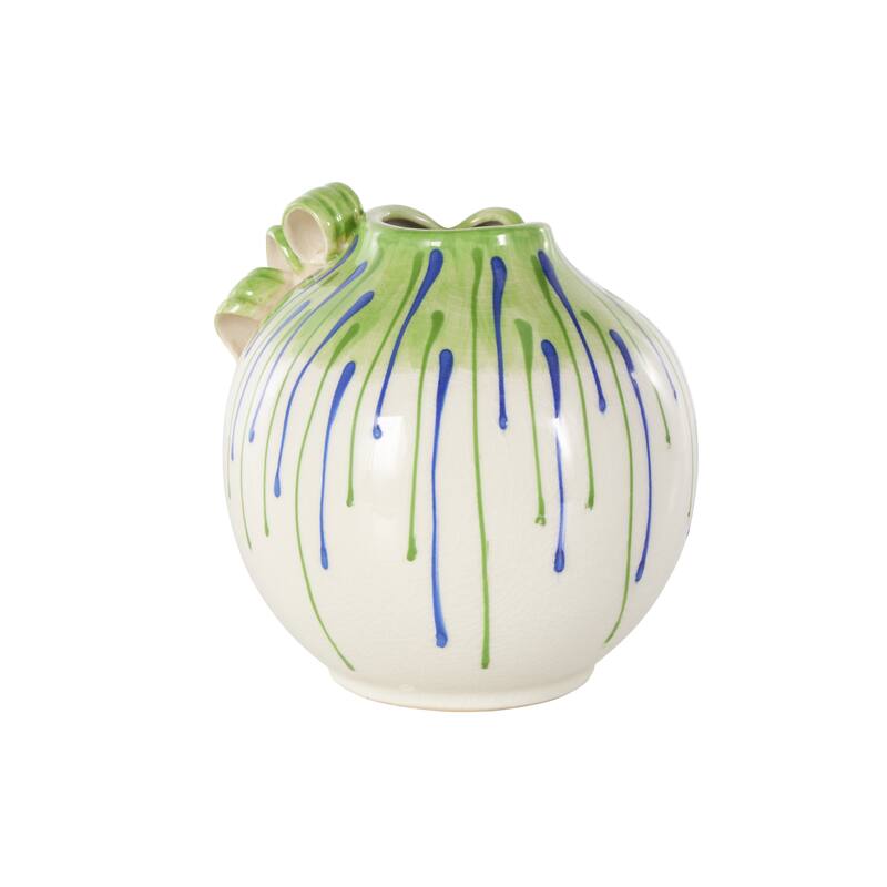White Ceramic Abstract Decorative Vase with Green and Blue Drip Design and Handle