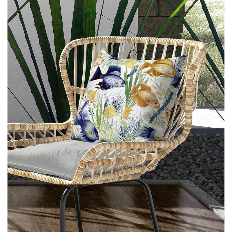 Fish paradise Indoor/Outdoor Reversible Throw Pillow Gold and Blue