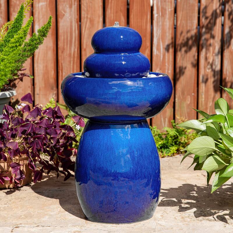 Glitzhome 22"H Zen-Style Cobalt Blue Pebbles Outdoor Ceramic Fountain with Pump and LED Light