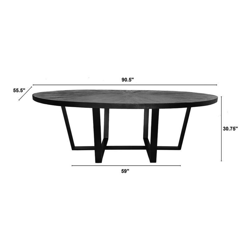 Raj 91 Inch Round Dining Table, Cross Legs Design, Black Acacia Wood, Iron