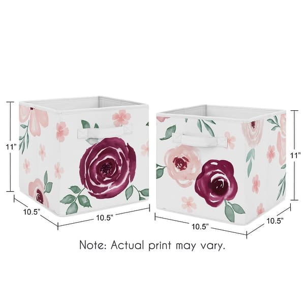 Burgundy Pink Watercolor Floral Foldable Fabric Storage Bins - Blush Maroon Wine Rose Green White Shabby Chic Flower Farmhouse