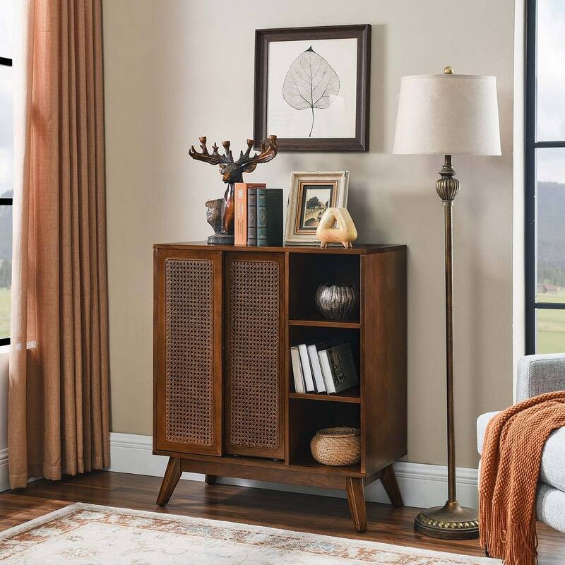 31" Mid Century Modern Rattan Storage Buffet/Sideboard