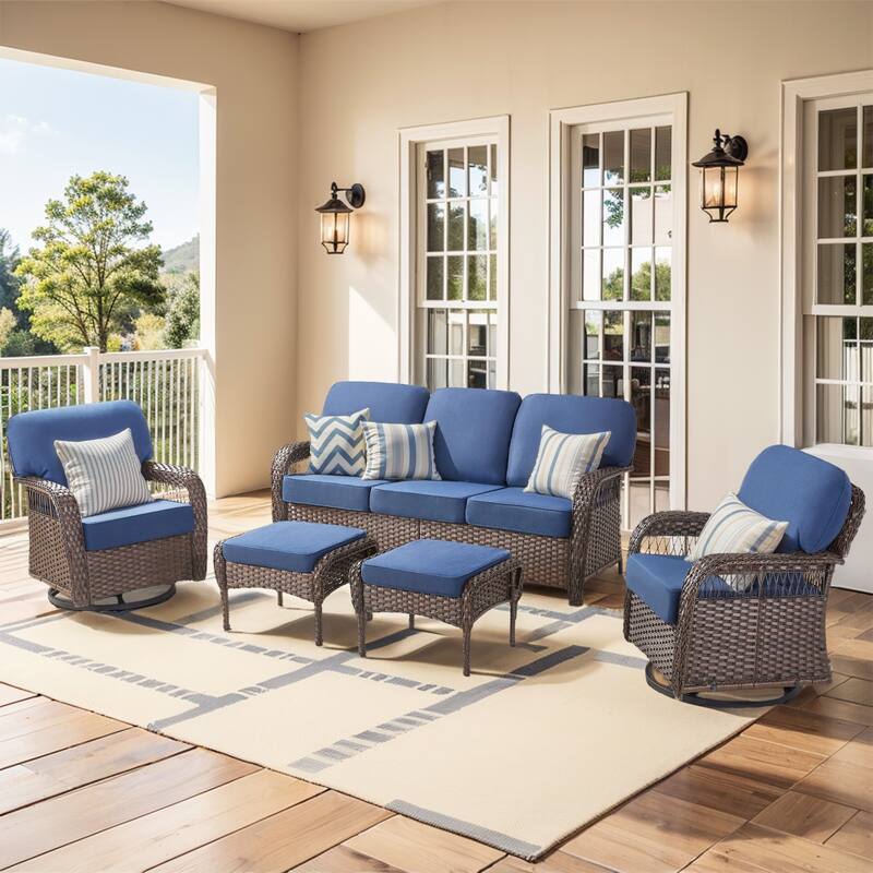 Pocassy Patio Outdoor Sofa Ottoman with Swivel Chair Table Funiture Set. - Brown Wicker Blue Cushion - 5-Piece Sofa Swivel Chair with Ottoman